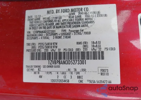 2013 Ford Mustang V6 Premium из США, поврежденный, VIN 1ZVBP8AM3D5273301